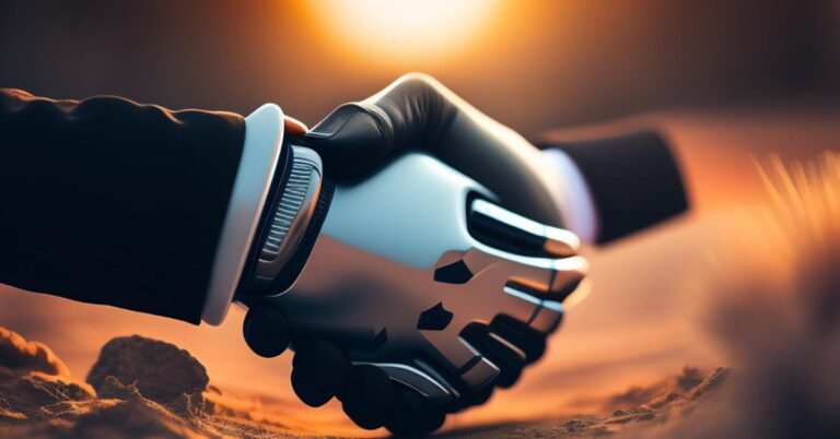 A robot shaking a person's hand. Our Title of today's blog.
